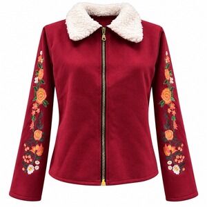 Red Jacket Womens Floral Embroidered Faux Fur Collar Zip Up Coat Red Size S